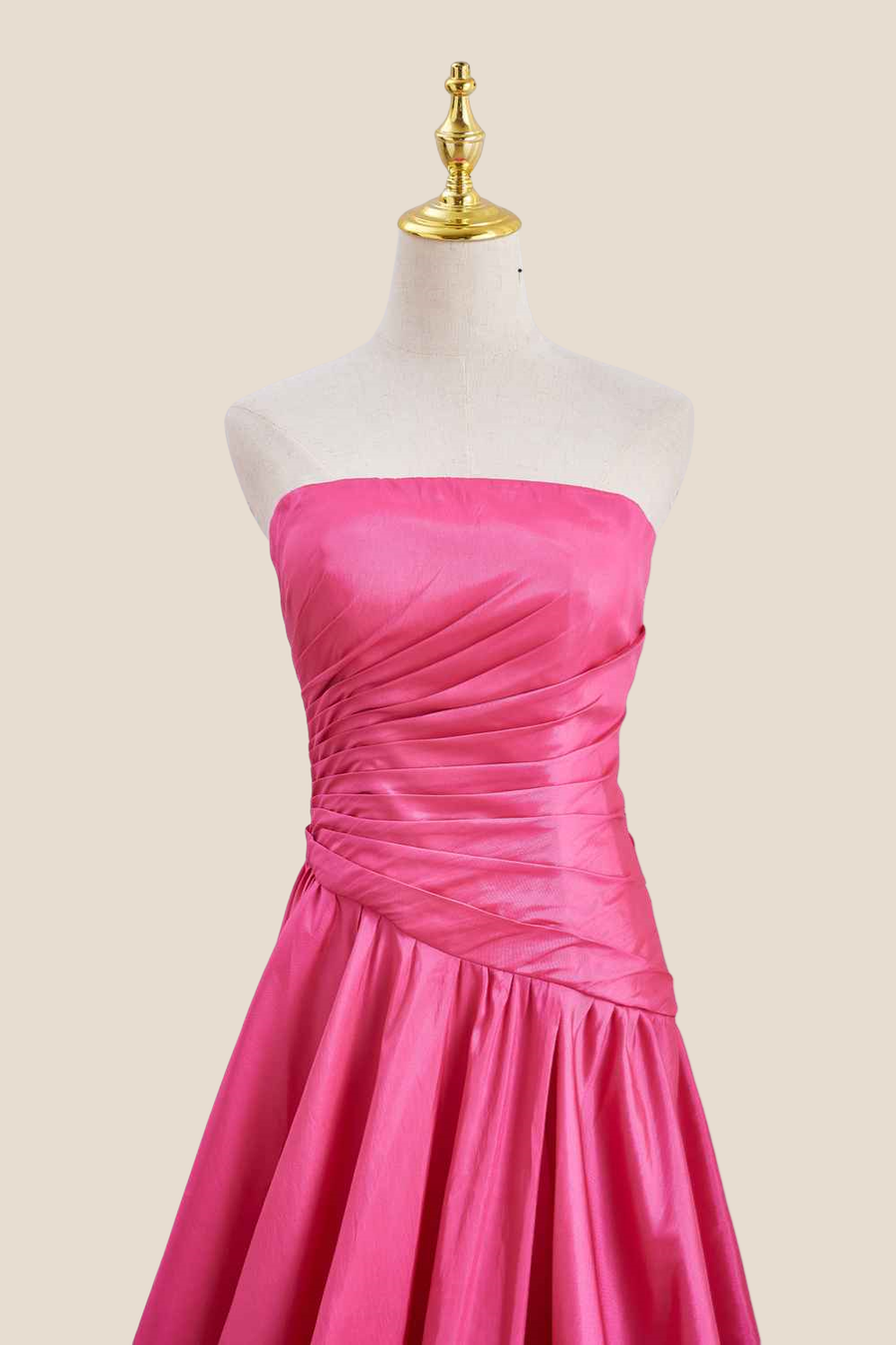 Strapless Hot Pink Ruched Long Dress with Slit