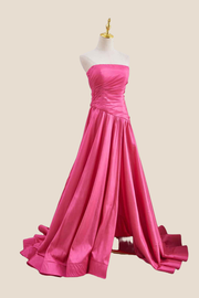 Strapless Hot Pink Ruched Long Dress with Slit