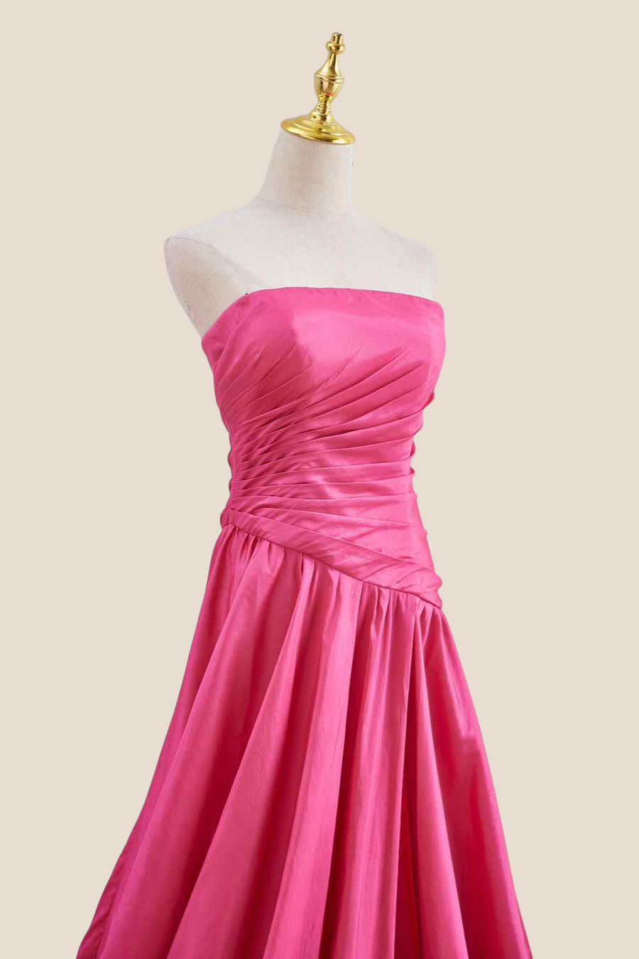 Strapless Hot Pink Ruched Long Dress with Slit