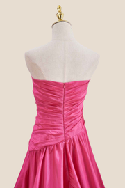 Strapless Hot Pink Ruched Long Dress with Slit