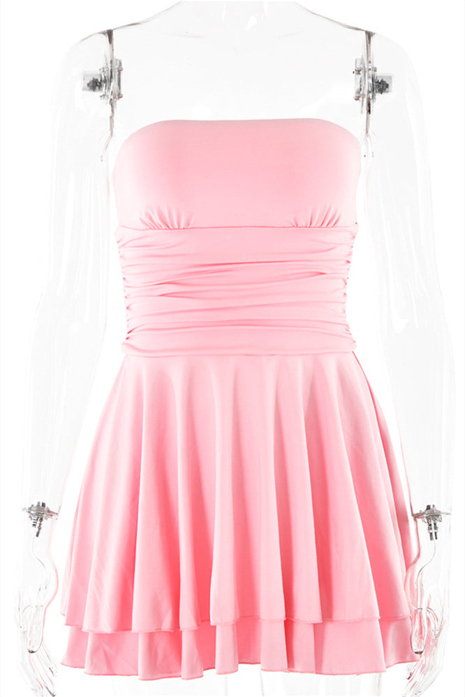 Strapless Hot Pink Ruffle Ruched Short Dress