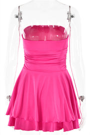 Strapless Hot Pink Ruffle Ruched Short Dress