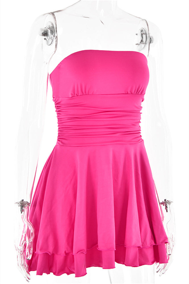 Strapless Hot Pink Ruffle Ruched Short Dress