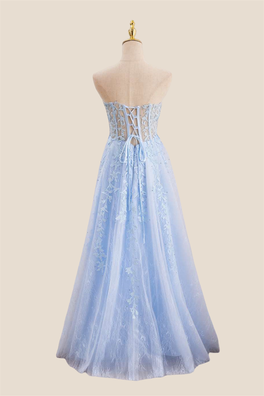 Strapless Light Blue Lace Appliques Long Dress