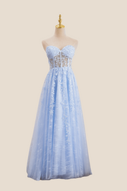 Strapless Light Blue Lace Appliques Long Dress