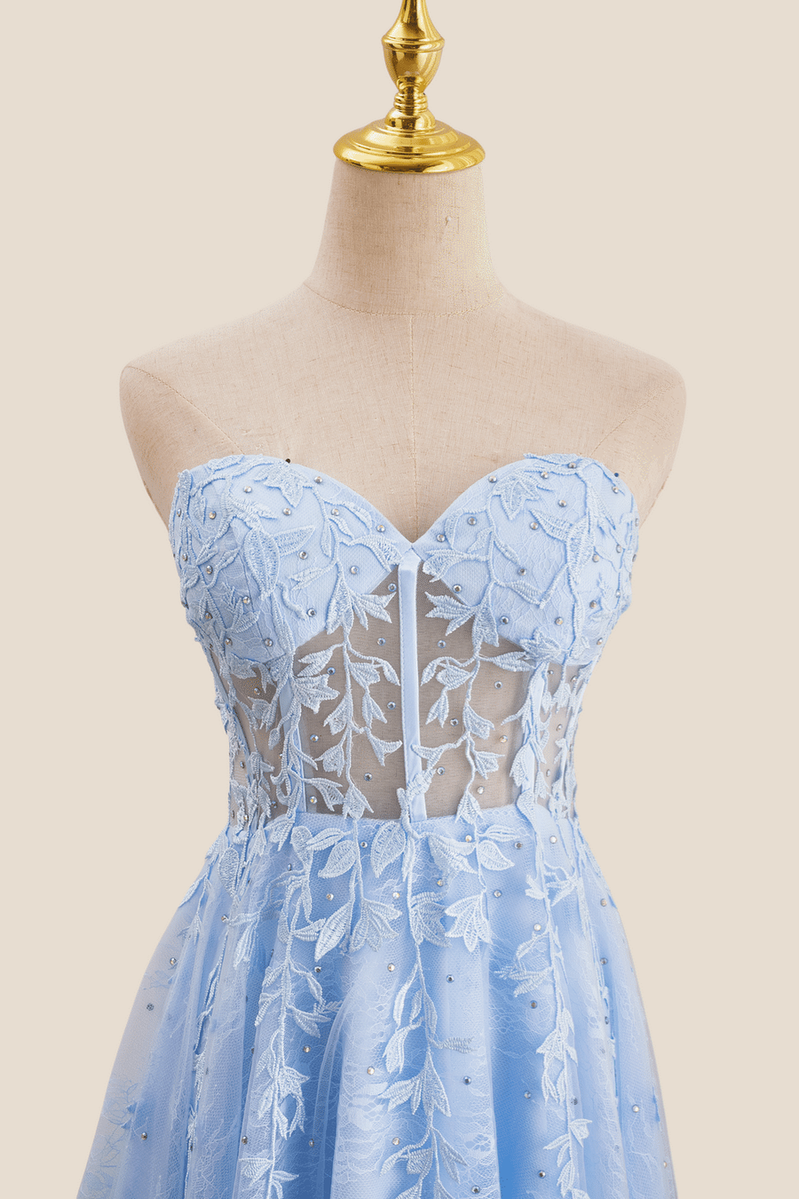 Strapless Light Blue Lace Appliques Long Dress