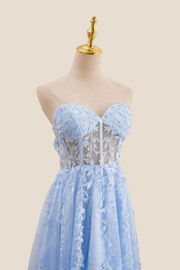 Strapless Light Blue Lace Appliques Long Dress