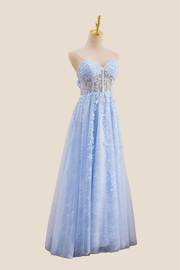 Strapless Light Blue Lace Appliques Long Dress