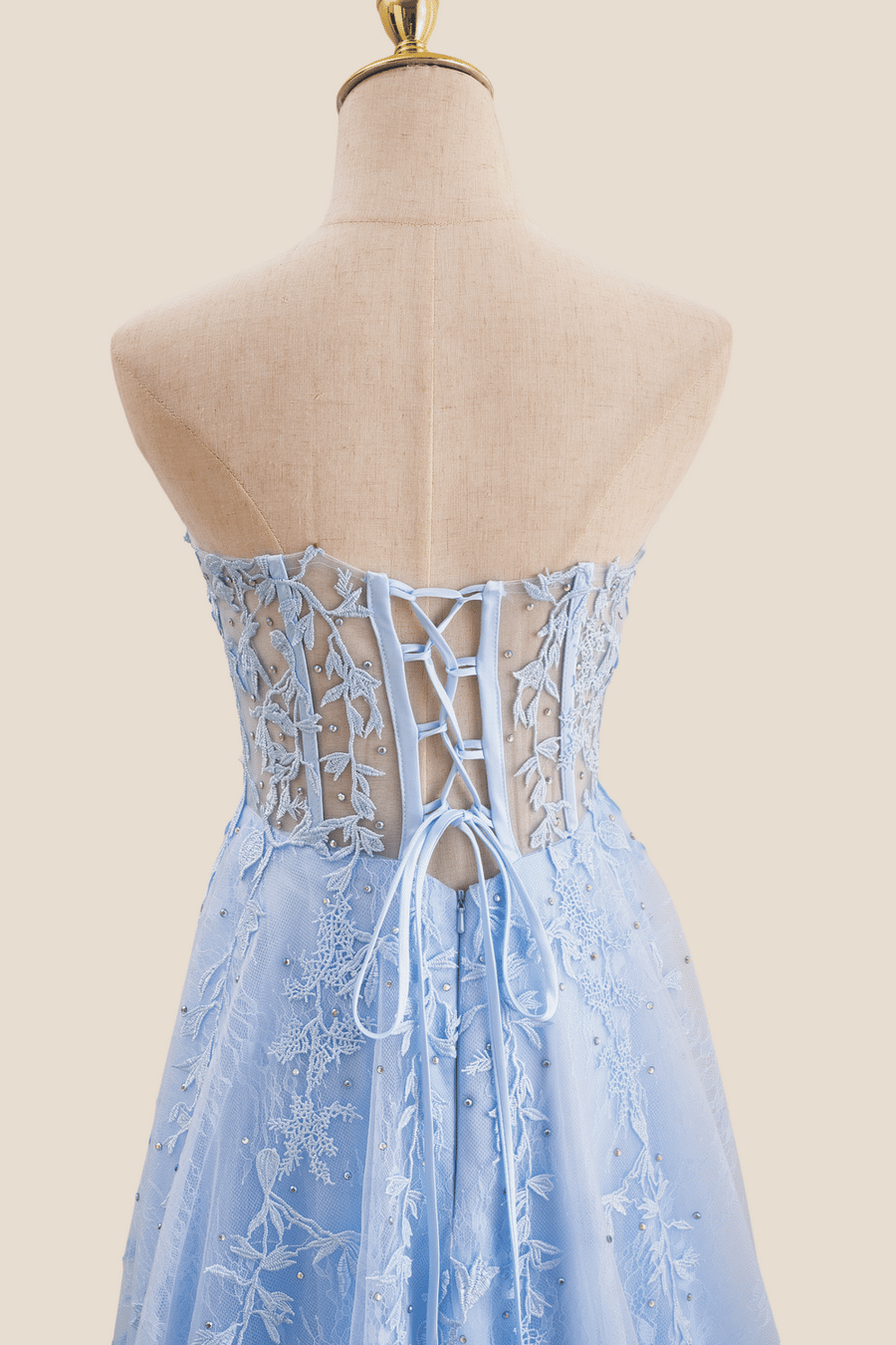 Strapless Light Blue Lace Appliques Long Dress