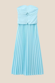 Strapless Light Blue Pleated Midi Dress