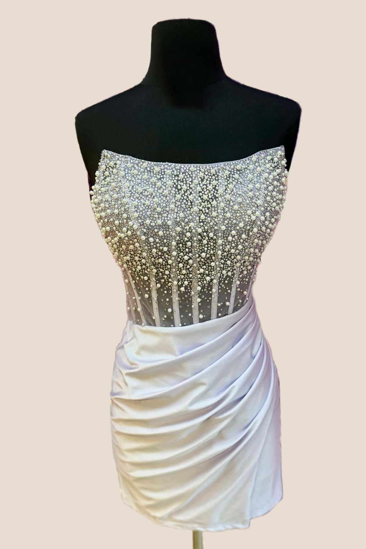 Strapless Light Pink Beaded Bodycon Short Dress