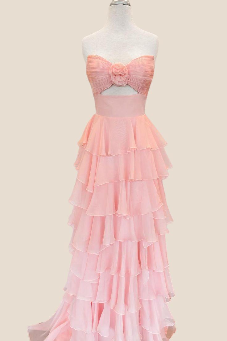 Strapless Light Pink Rosette Tiered Long Dress