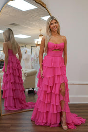 Strapless Light Pink Rosette Tiered Long Dress