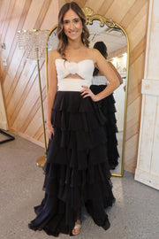 Strapless White and Black Rosette Tiered Long Dress