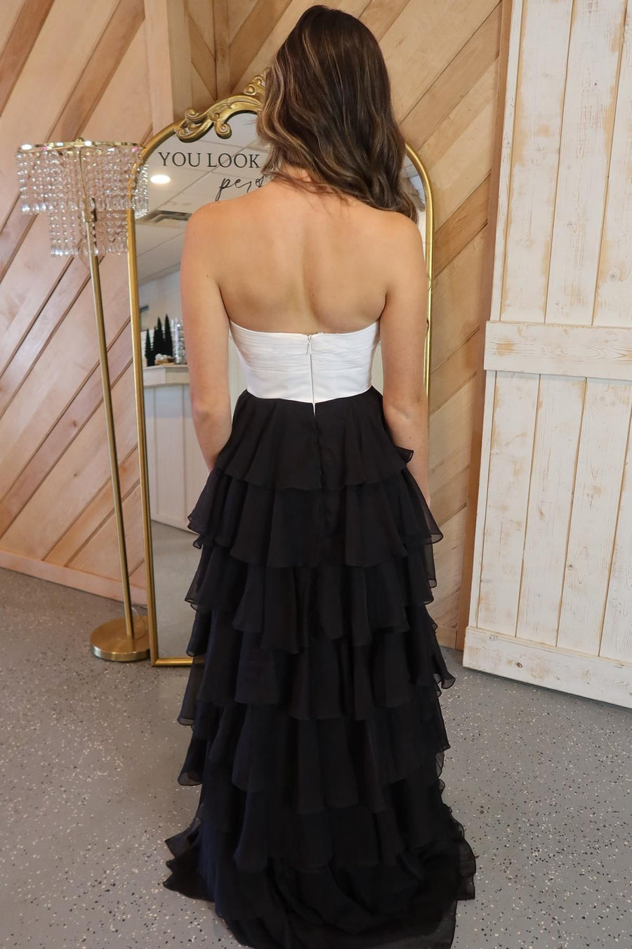 Strapless White and Black Rosette Tiered Long Dress