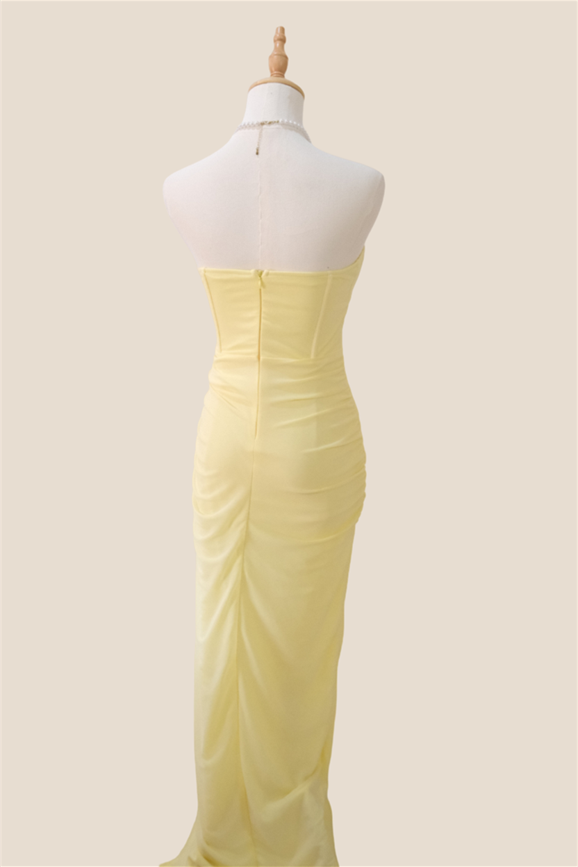 Strapless Light Yellow Ruched Long Dress with Slit