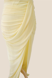 Strapless Light Yellow Ruched Long Dress with Slit