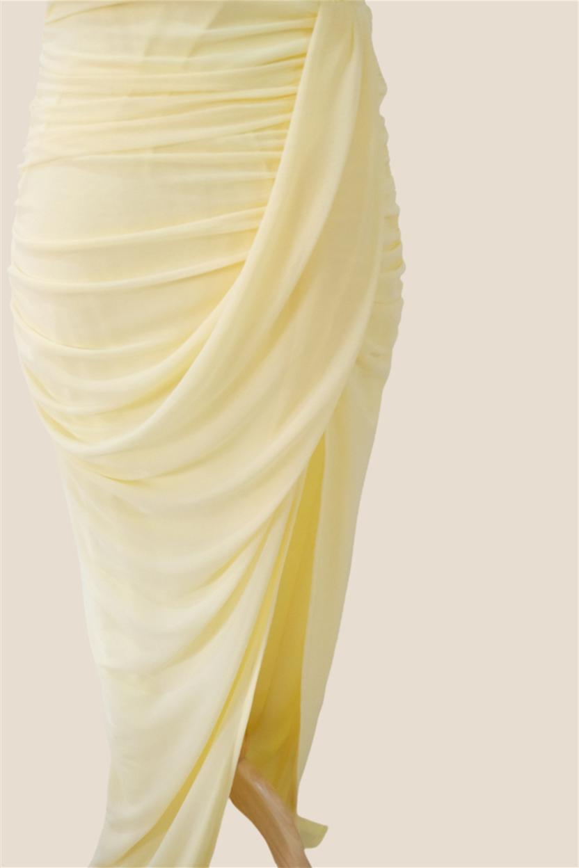 Strapless Light Yellow Ruched Long Dress with Slit