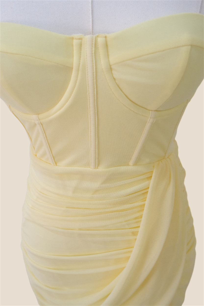 Strapless Light Yellow Ruched Long Dress with Slit