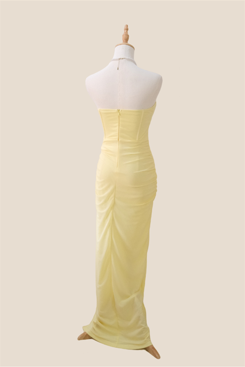 Strapless Light Yellow Ruched Long Dress with Slit