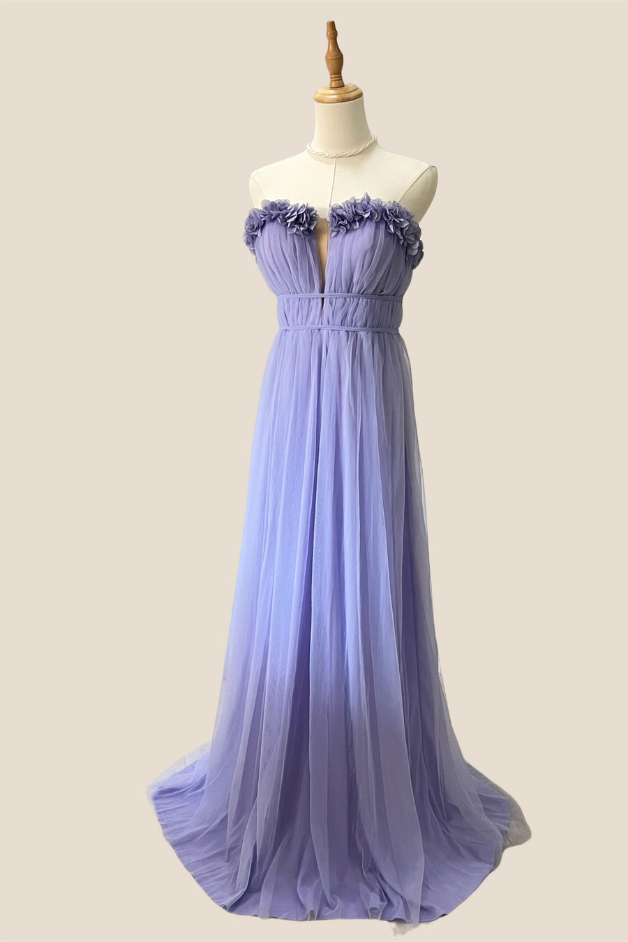 Strapless Lilac 3D Folral Tulle Long Dress