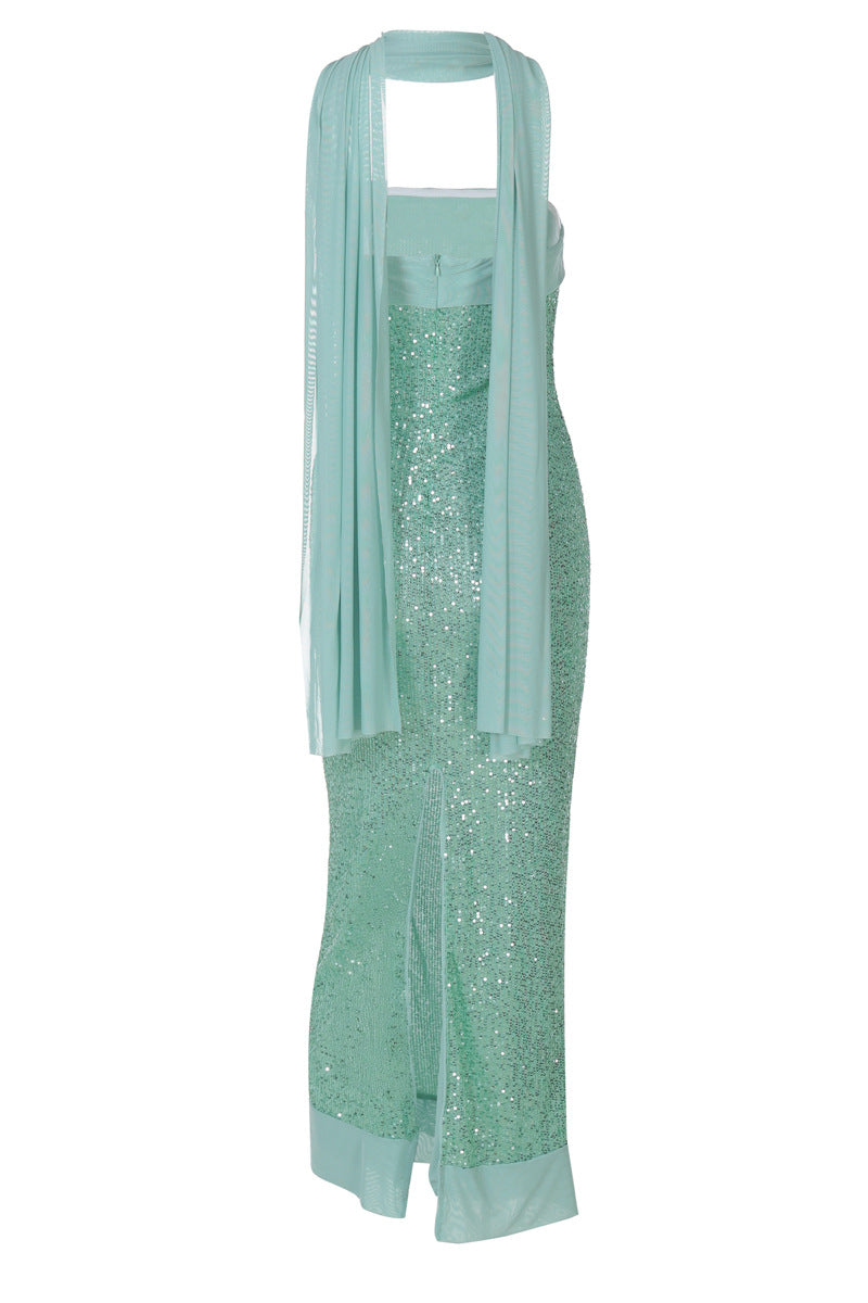 Strapless Mint Green Sequin Fitted Long Dress