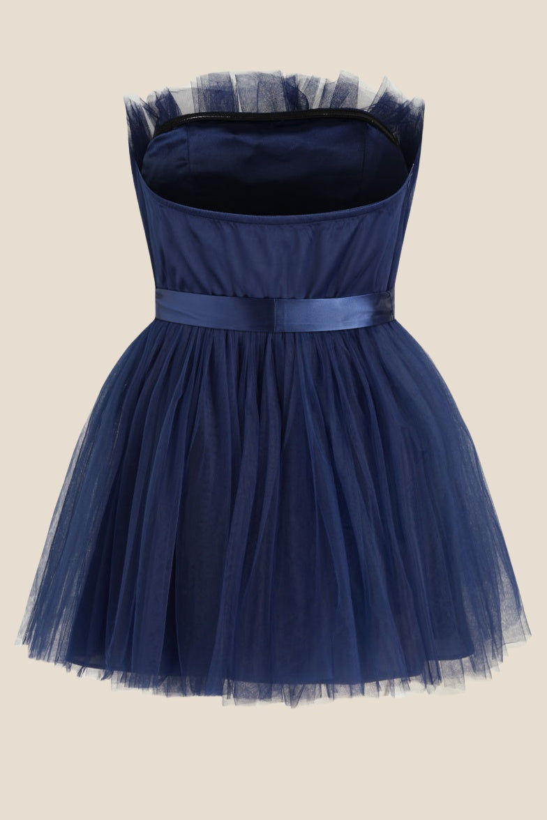 Strapless Navy Blue A-line Short Dress with Belt