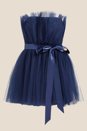 Strapless Navy Blue A-line Short Dress with Belt