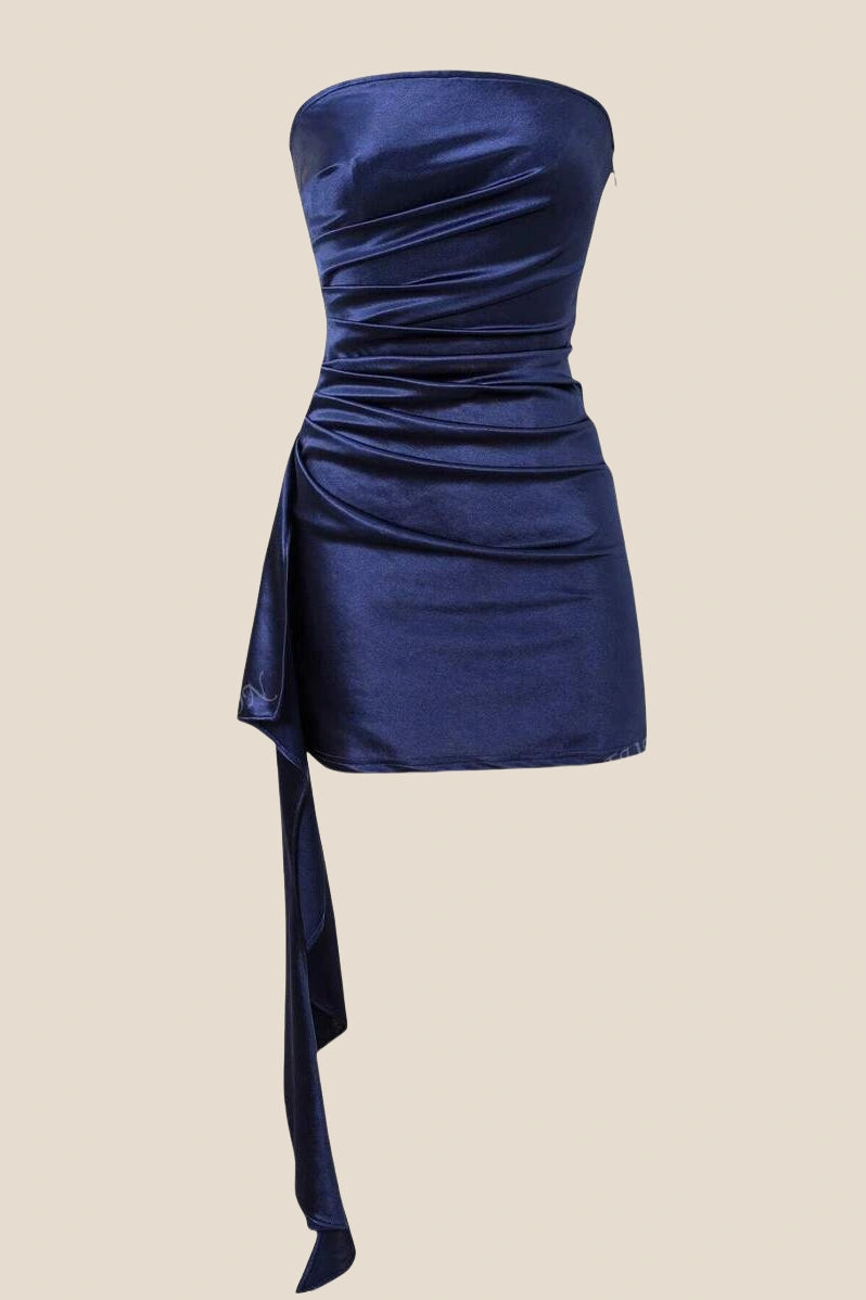 Strapless Navy Blue Ruched Short Dress