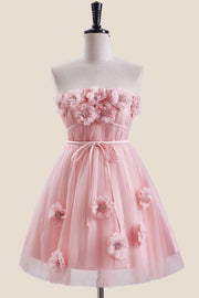 Strapless Pink 3D Flowers Tulle Short Dress