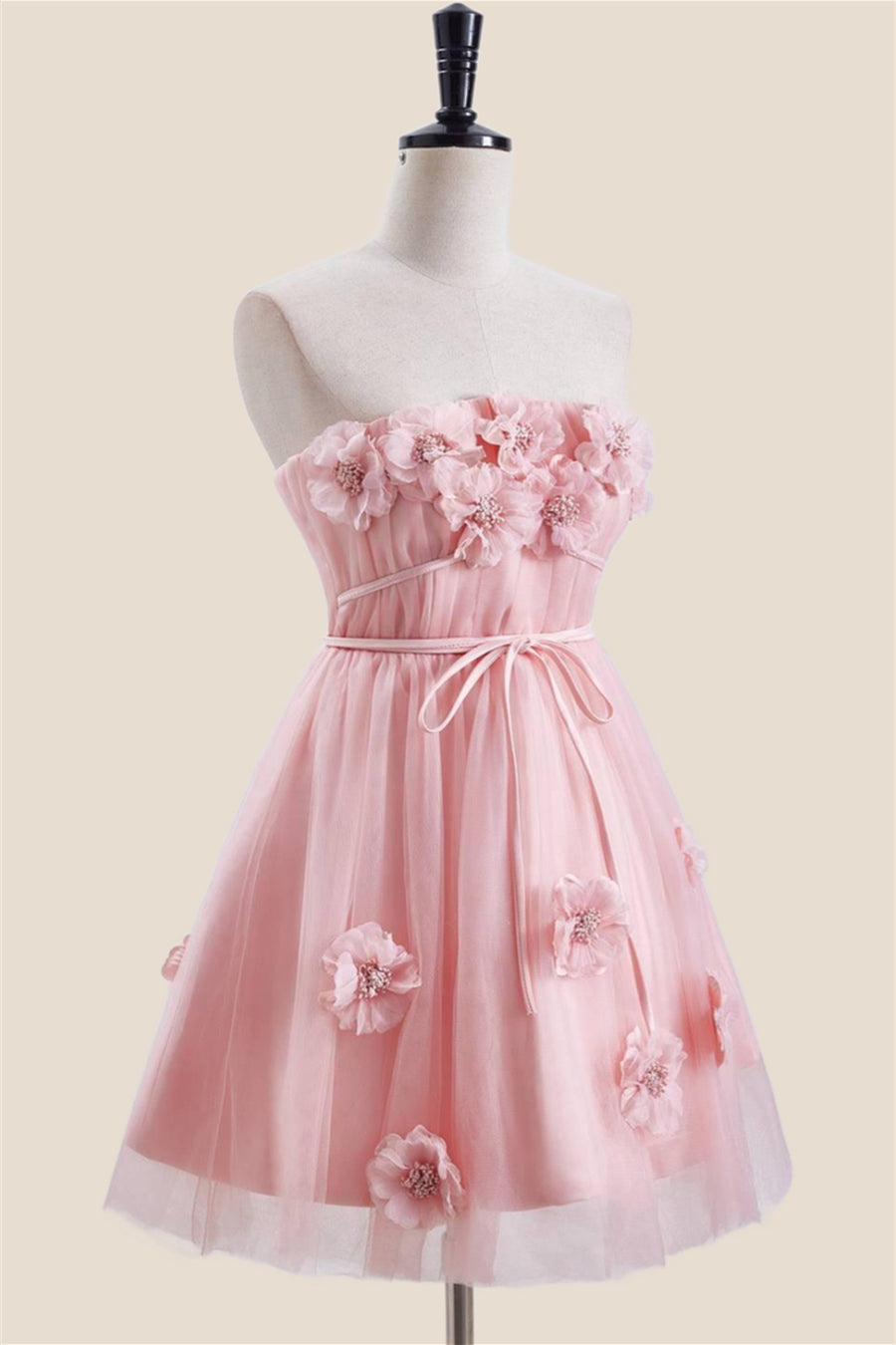 Strapless Pink 3D Flowers Tulle Short Dress