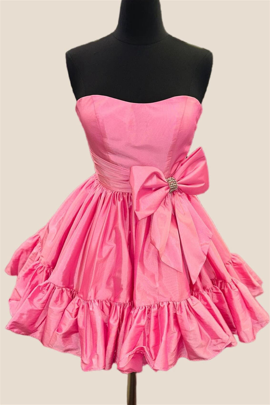 Strapless Pink Bow Ruffle Taffeta Short Dress