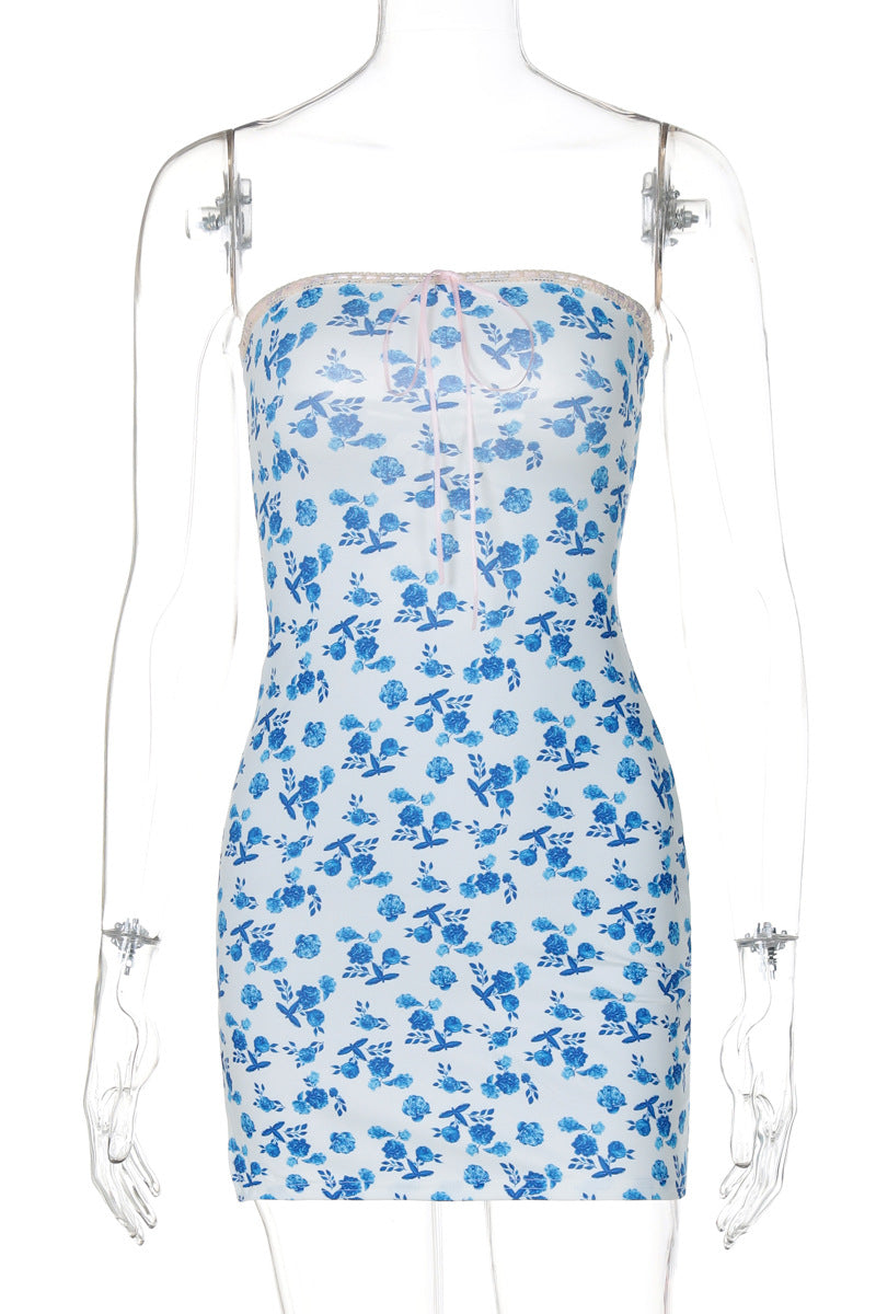 Strapless Pink Floral Print Bodycon Short Dress