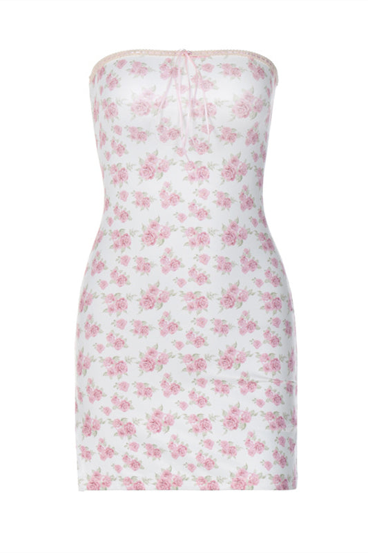 Strapless Pink Floral Print Bodycon Short Dress