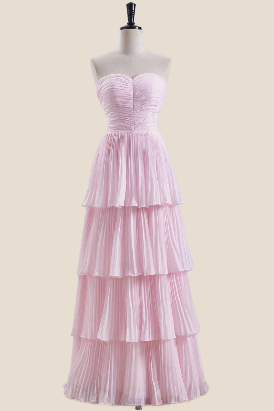 Strapless Pink Pleated Tiered Long Party Dress