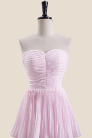 Strapless Pink Pleated Tiered Long Party Dress