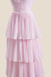 Strapless Pink Pleated Tiered Long Party Dress