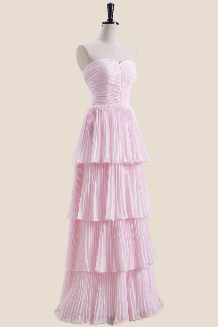 Strapless Pink Pleated Tiered Long Party Dress