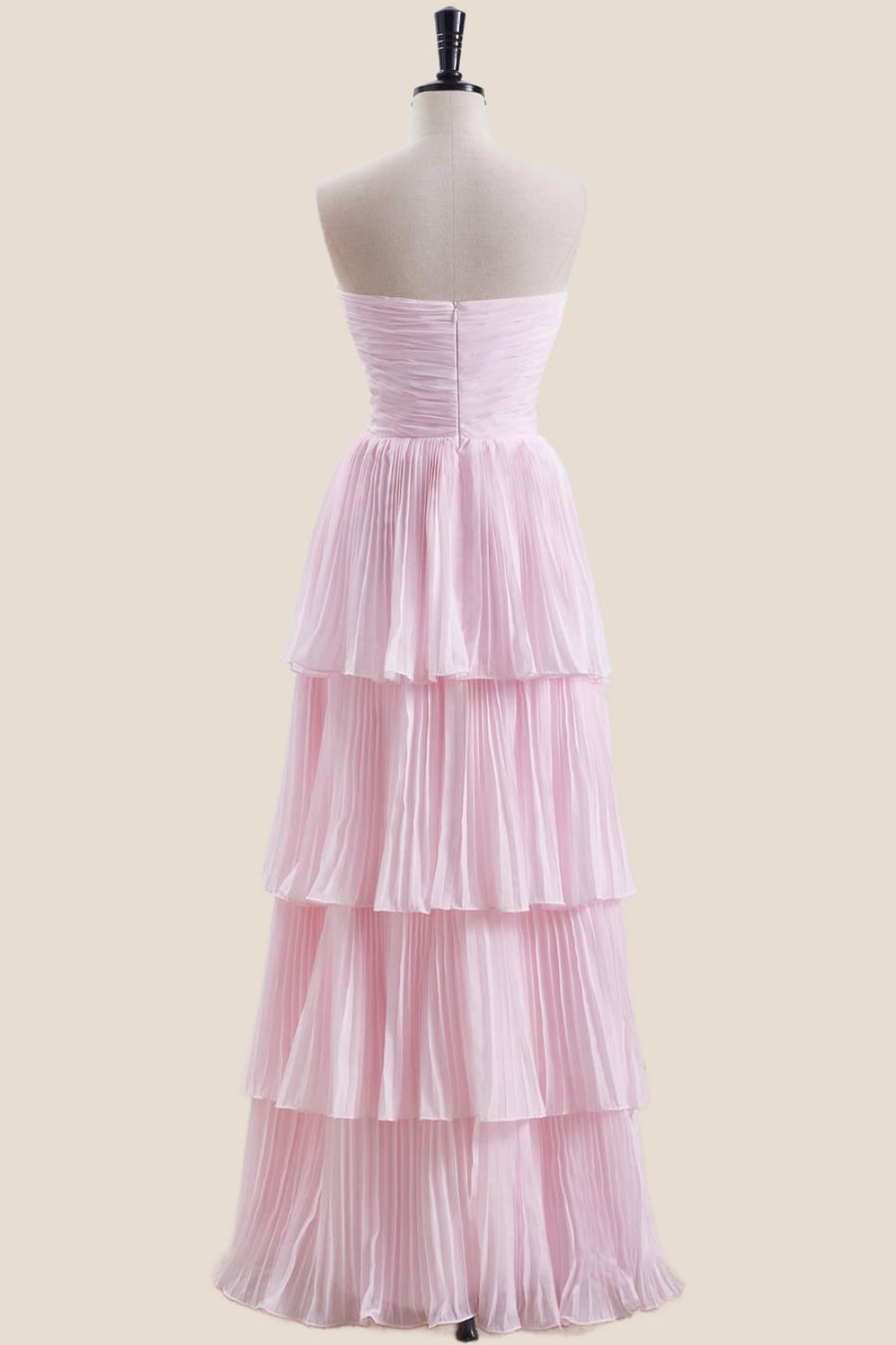 Strapless Pink Pleated Tiered Long Party Dress