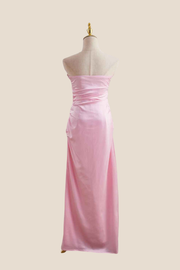 Strapless Pink Ruched Satin Long Dress