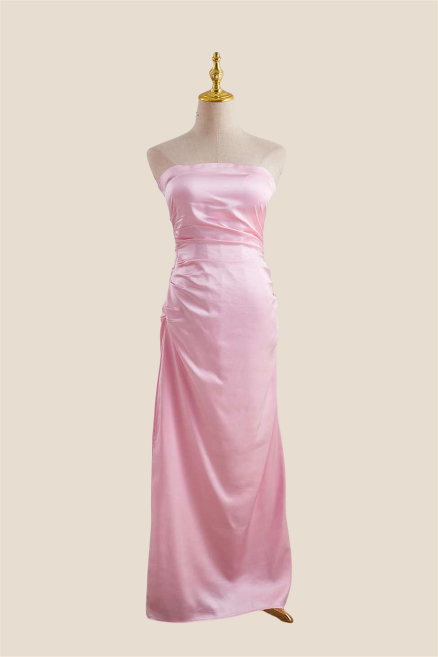 Strapless Pink Ruched Satin Long Dress