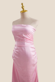 Strapless Pink Ruched Satin Long Dress