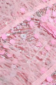 Strapless Pink Sequin Short Dress with Feather