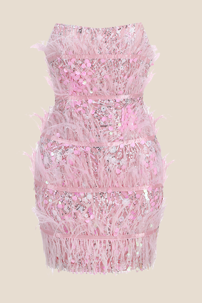 Strapless Pink Sequin Short Dress with Feather