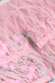 Strapless Pink Sequin Short Dress with Feather