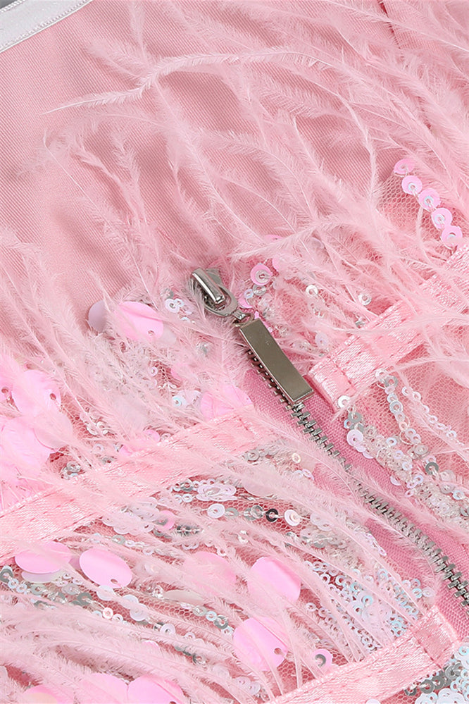 Strapless Pink Sequin Short Dress with Feather