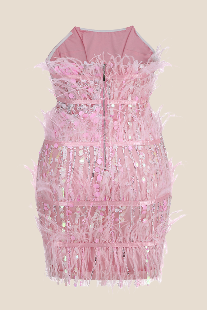 Strapless Pink Sequin Short Dress with Feather