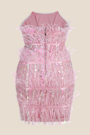 Strapless Pink Sequin Short Dress with Feather