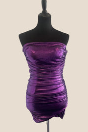 Strapless Brown Metallic Ruched Fitted Short Dress