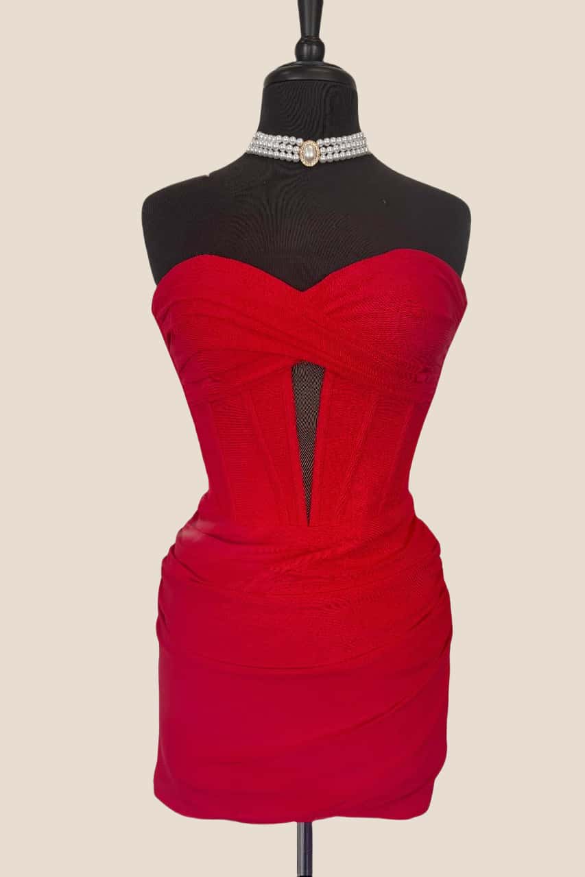 Strapless Red Bodycon Short Dress with Keyhole